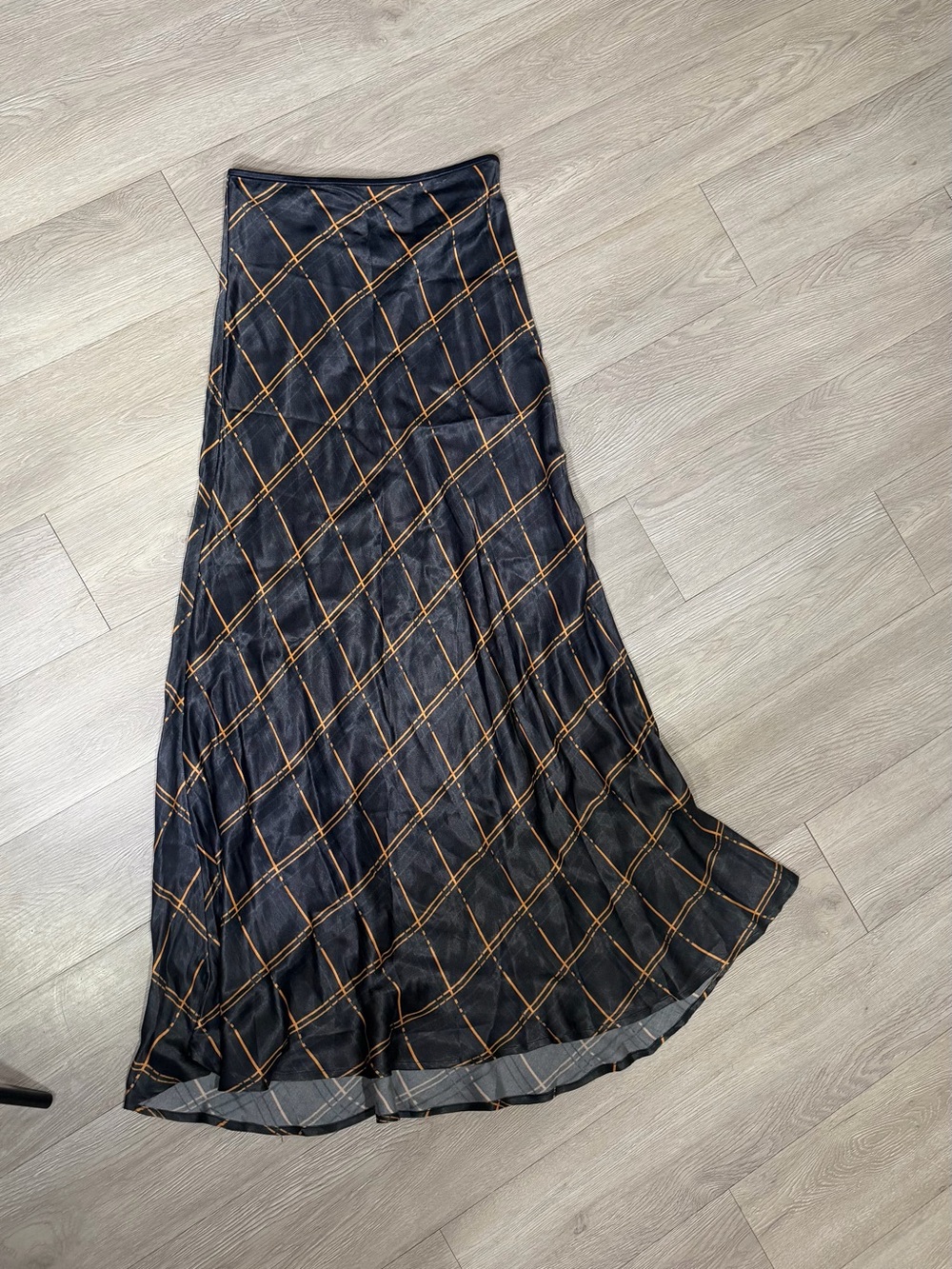 Anthropologie Conditions Apply Black Midi Skirt with Orange Windowpane Plaid - Picture 4 of 5